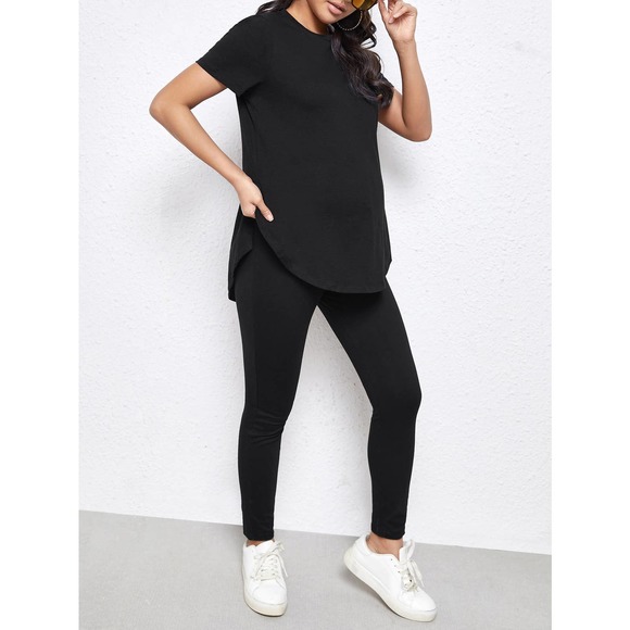 2 piece set: Maternity Split Curved Hem Solid Top & Leggings Set gray - Picture 6 of 11